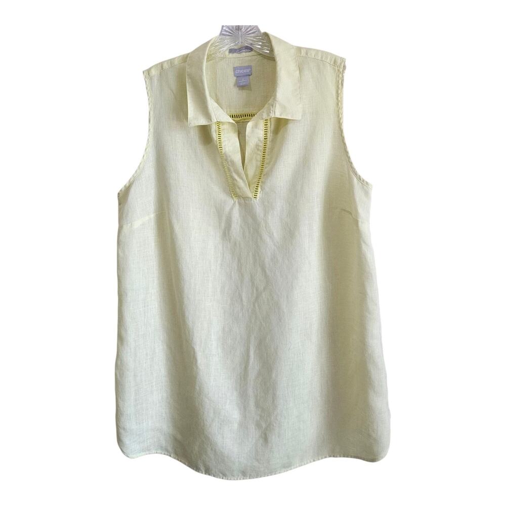 CHICO'S 2 Women's L Linen Tunic Blouse Sleeveless Yellow Crochet Trim 40"